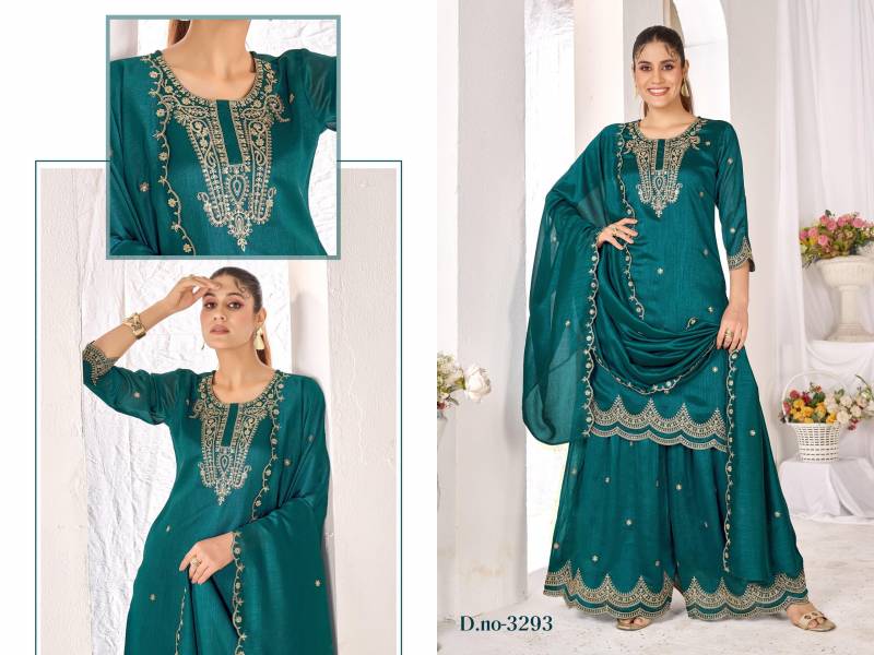 Ladies Flavour 3290 To 3295 Vichitra Embroidery Work Kurti Pant And Dupatta