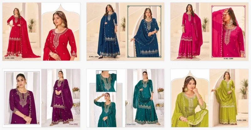 Ladies Flavour 3290 To 3295 Vichitra Embroidery Work Kurti Pant And Dupatta