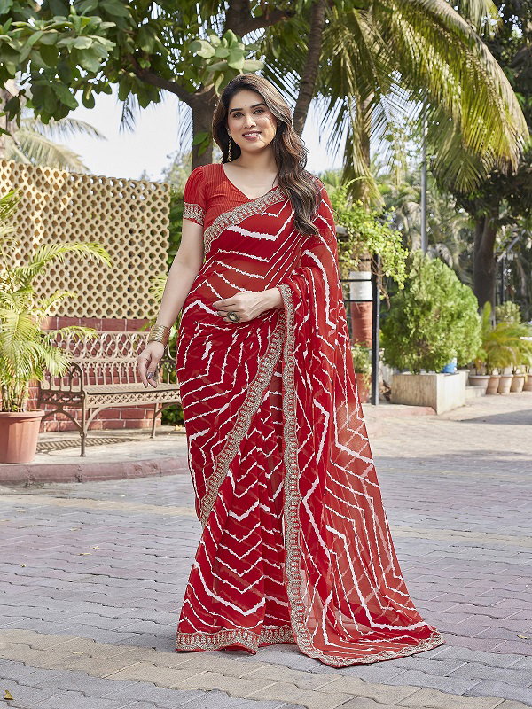 Mahek 194 Party Wear Leheriya Printed Georgette Saree with Heavy Lace Border 
