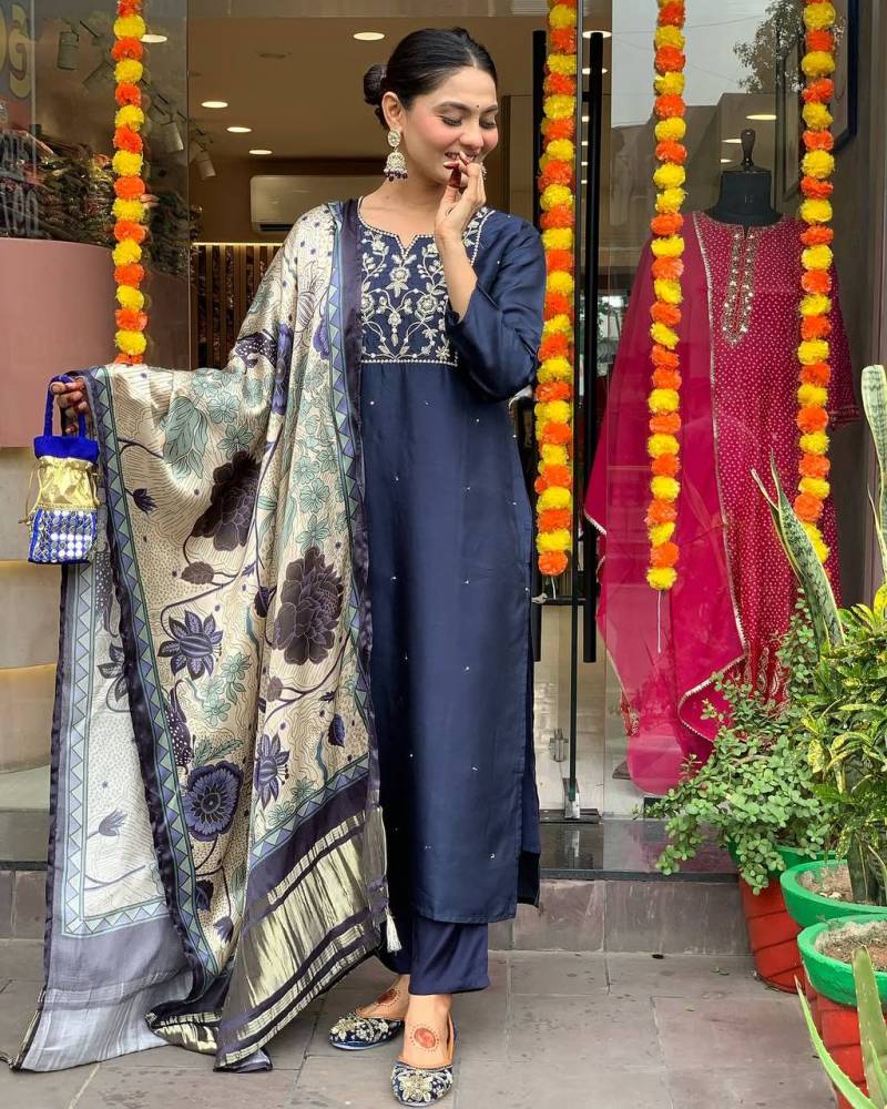 Rutvi 01 Viscose Chanderi Casual Wear Kurti Pant And Dupatta Collection
