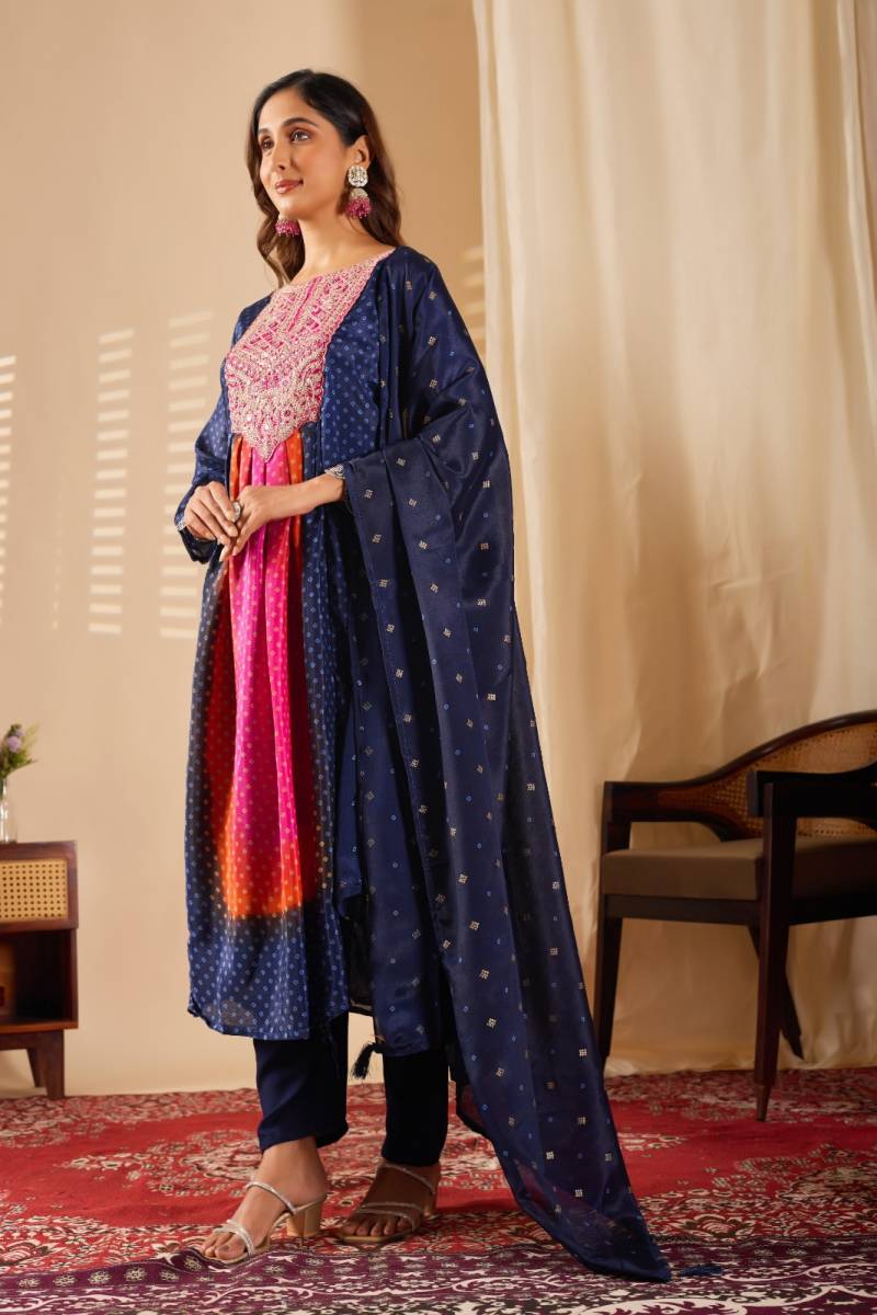 Kiyasajni 01 Chinon Printed Embroidery Kurti Pant And Dupatta Collection