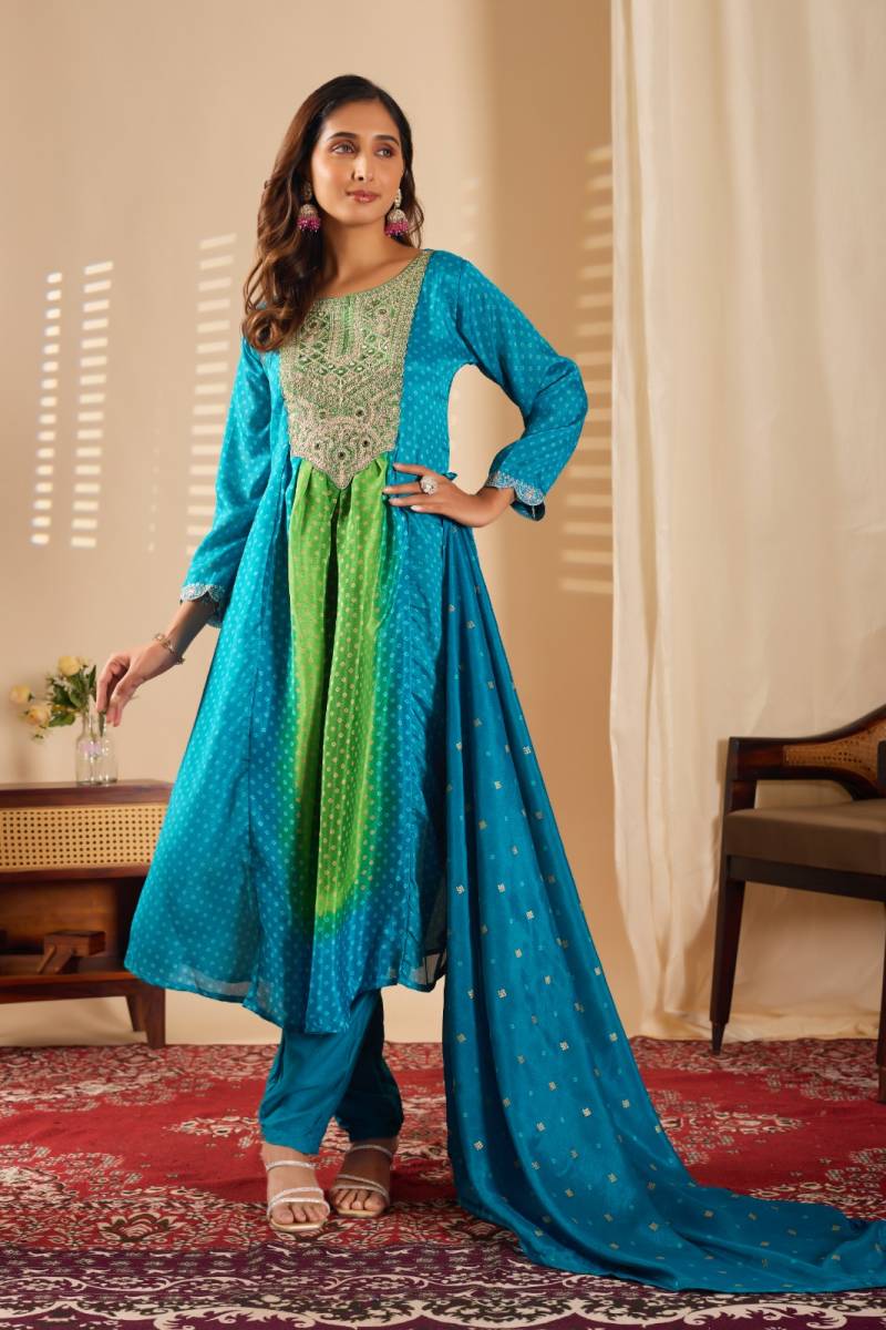 Kiyasajni 01 Chinon Printed Embroidery Kurti Pant And Dupatta Collection