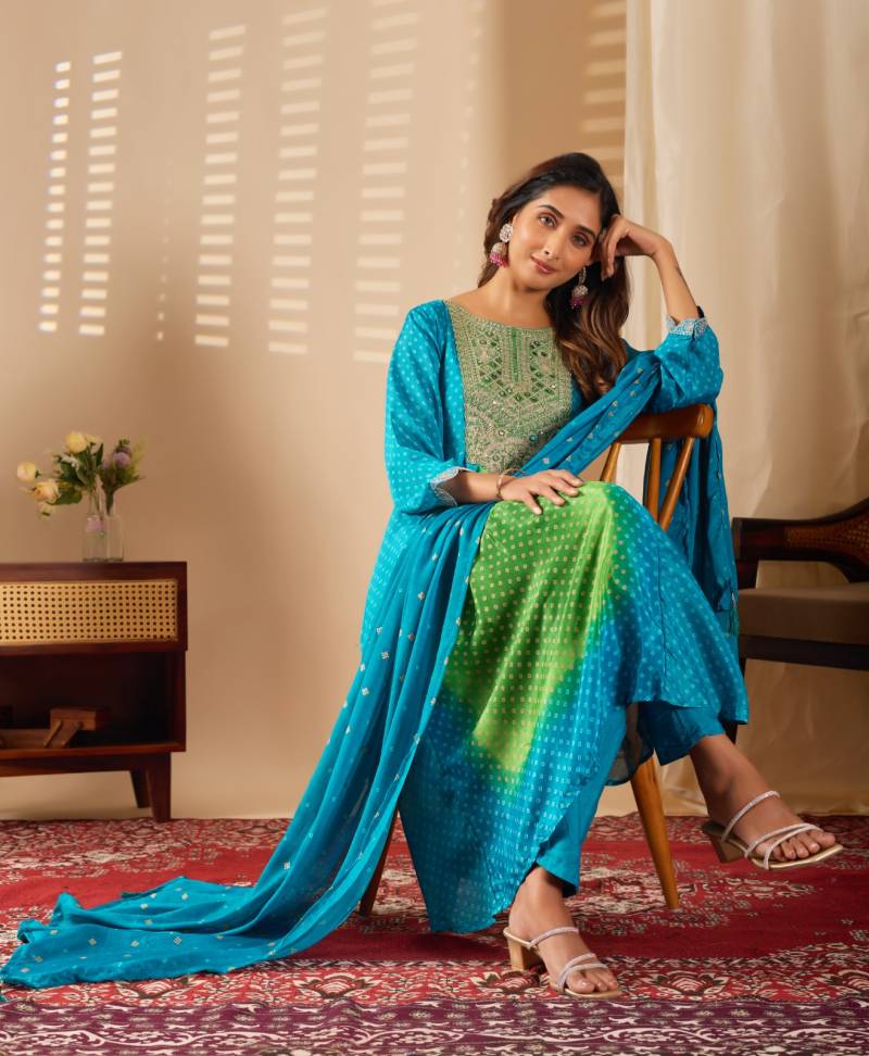 Kiyasajni 01 Chinon Printed Embroidery Kurti Pant And Dupatta Collection