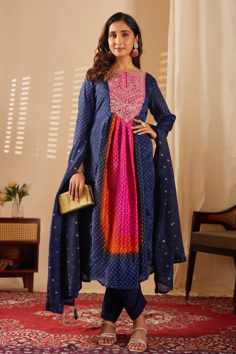 Kiyasajni 01 Chinon Printed Embroidery Kurti Pant And Dupatta Collection