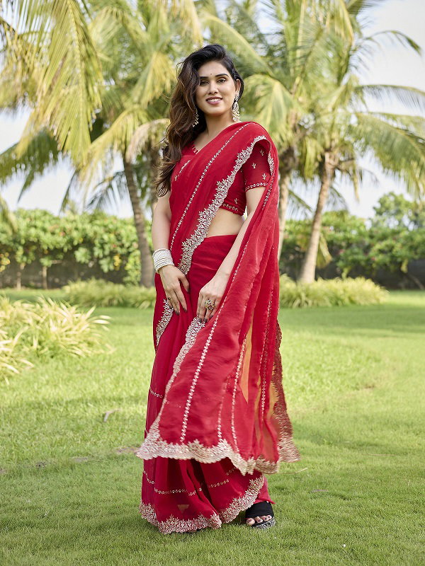 Mahek 196 Party Wear Embroidery Worked Fandy Fabric Saree with Un Stitched Blouse 