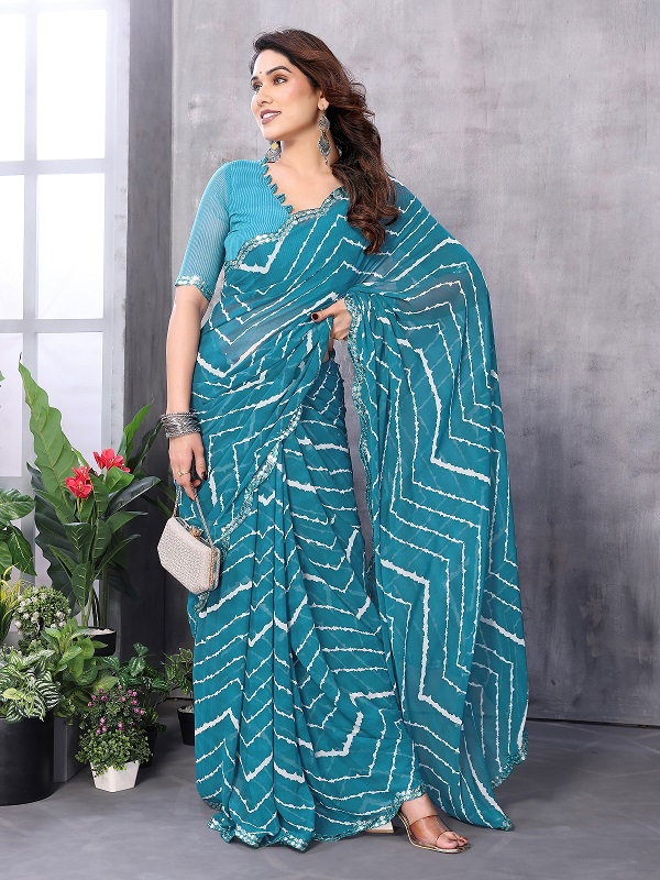 Mahek 197 Party Wear Leheriya Printed Georgette Saree with Heavy Papper Mirror Lace 