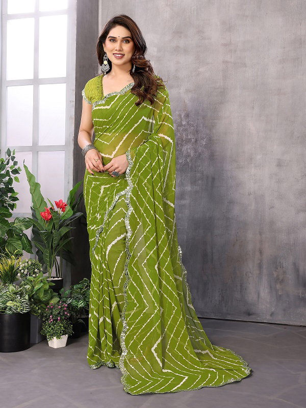Mahek 197 Party Wear Leheriya Printed Georgette Saree with Heavy Papper Mirror Lace 