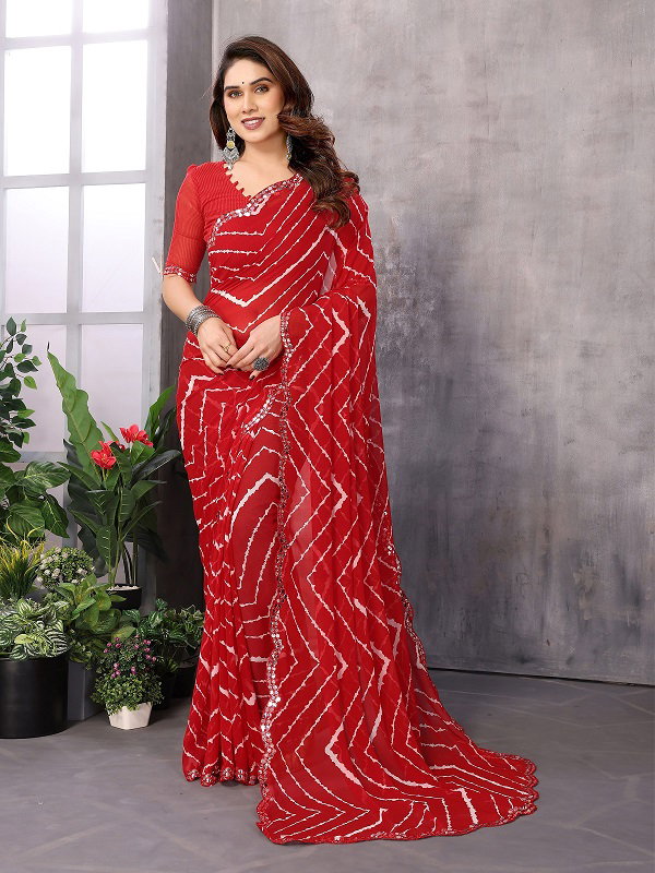 Mahek 197 Party Wear Leheriya Printed Georgette Saree with Heavy Papper Mirror Lace 