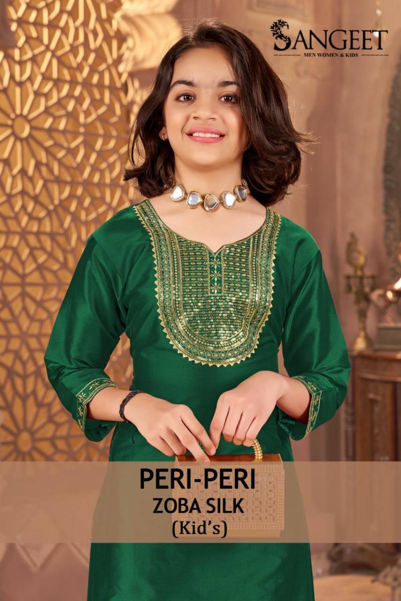 Sangeet Peri Peri Zoba Silk Kids Wear Embroidery Work Kurti And Pant