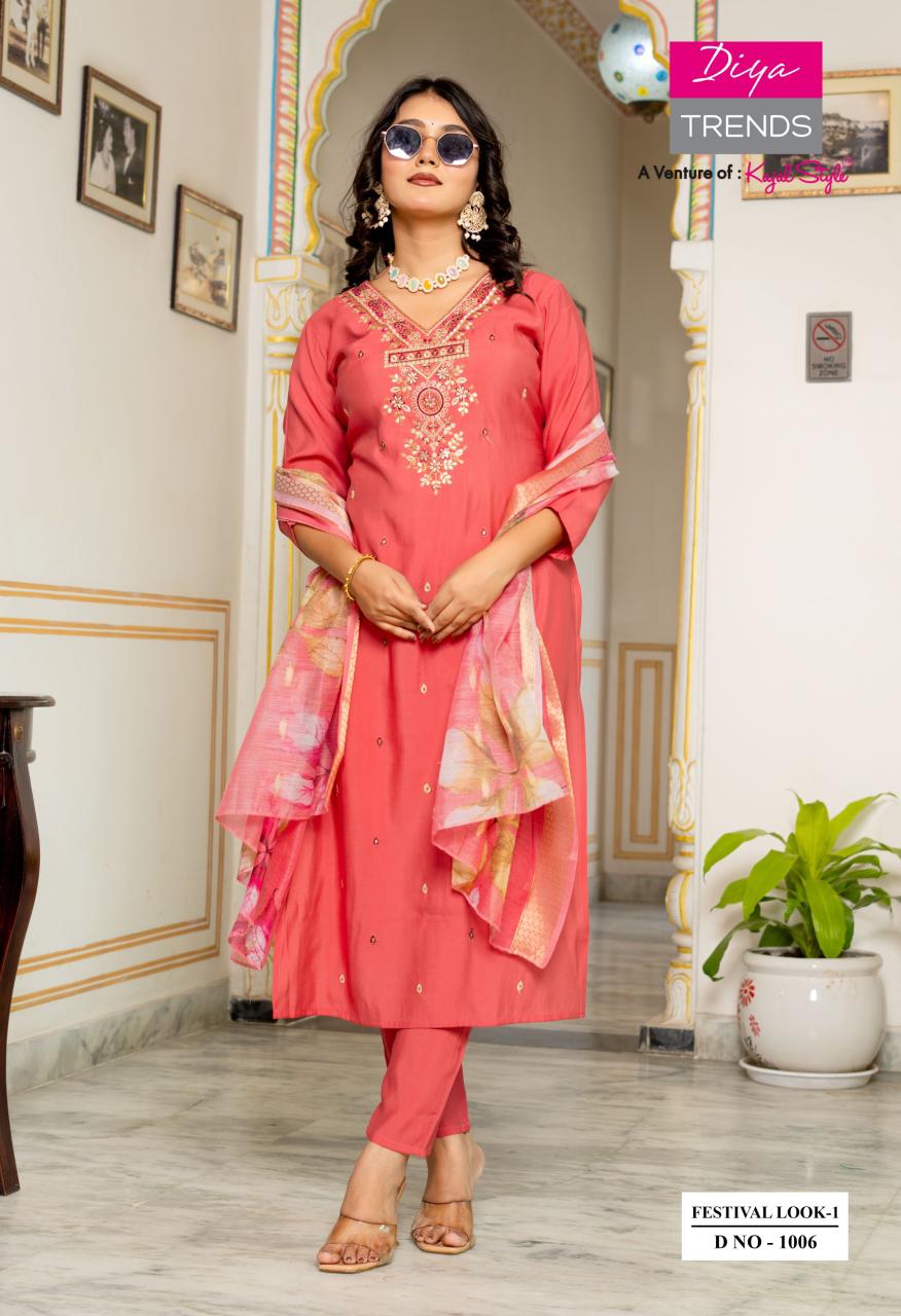 Festive Look 1 By Diya Trends Roman Silk Embroidery Kurti Bottom With Dupatta