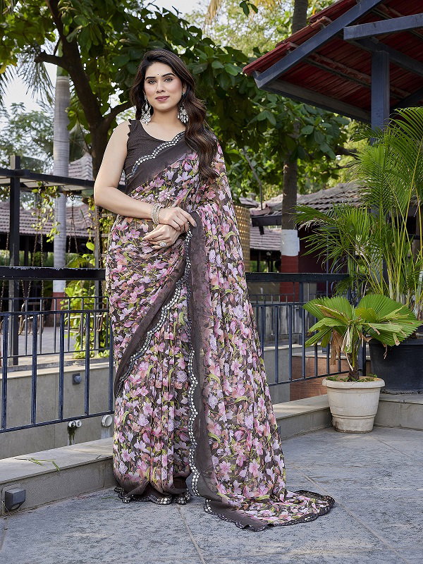 Mahek 198 Party Wear Flower Printed Georgette Saree with Paper Mirror Worked Lace