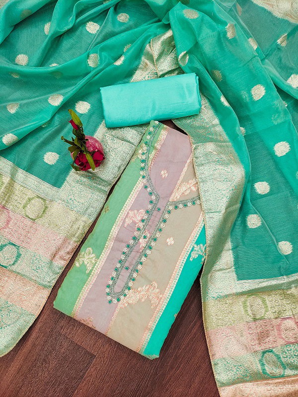 Navya Suit 151 Party Wear Unstitched handworked Jacquard Silk top with Bottom and Dupatta Suit