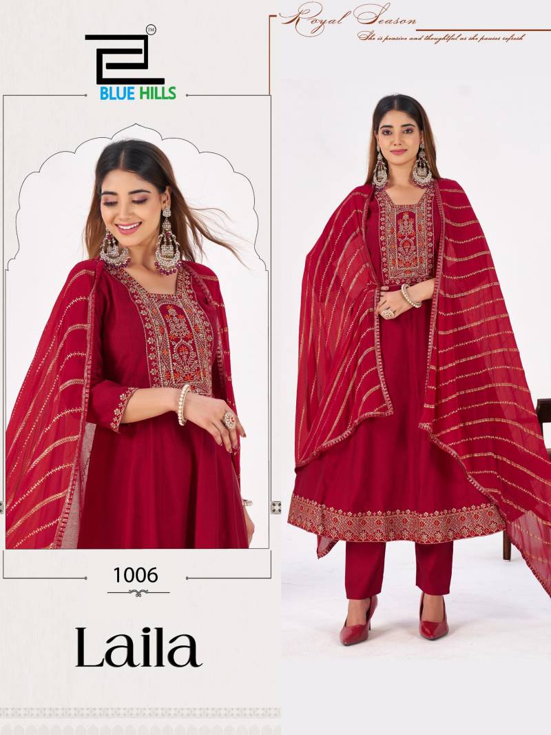 Blue Hills Laila Berlin Silk Work Kurti Pant And Dupatta Collection