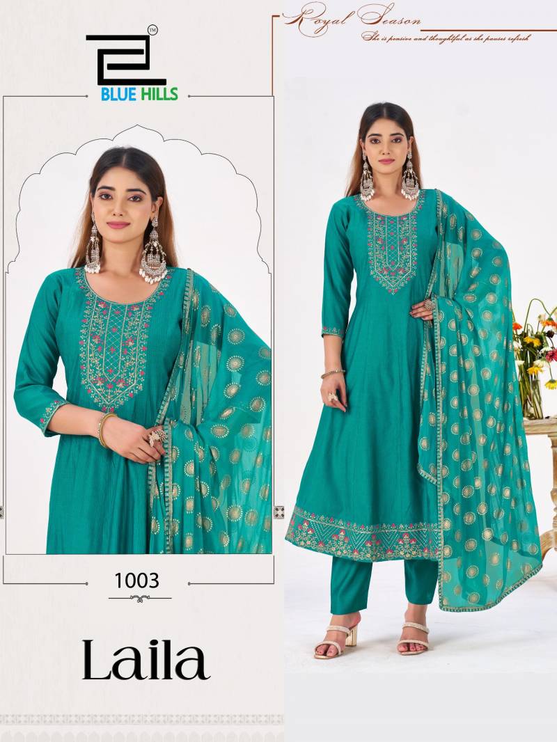 Blue Hills Laila Berlin Silk Work Kurti Pant And Dupatta Collection