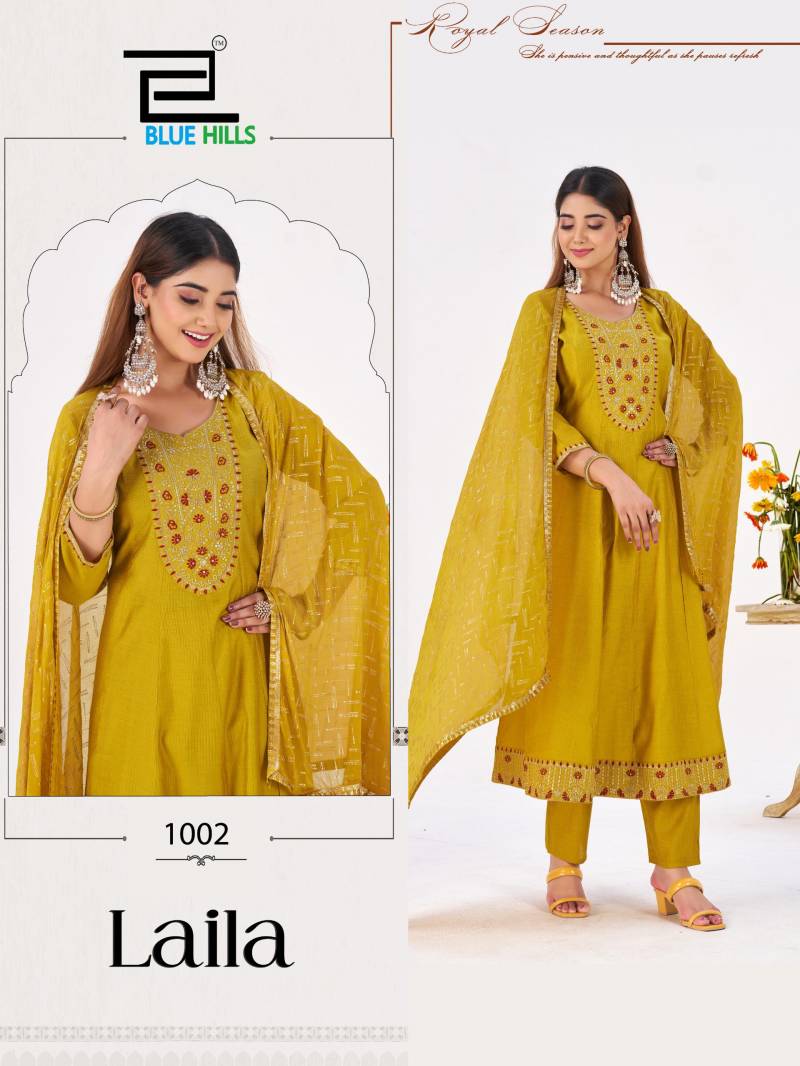 Blue Hills Laila Berlin Silk Work Kurti Pant And Dupatta Collection
