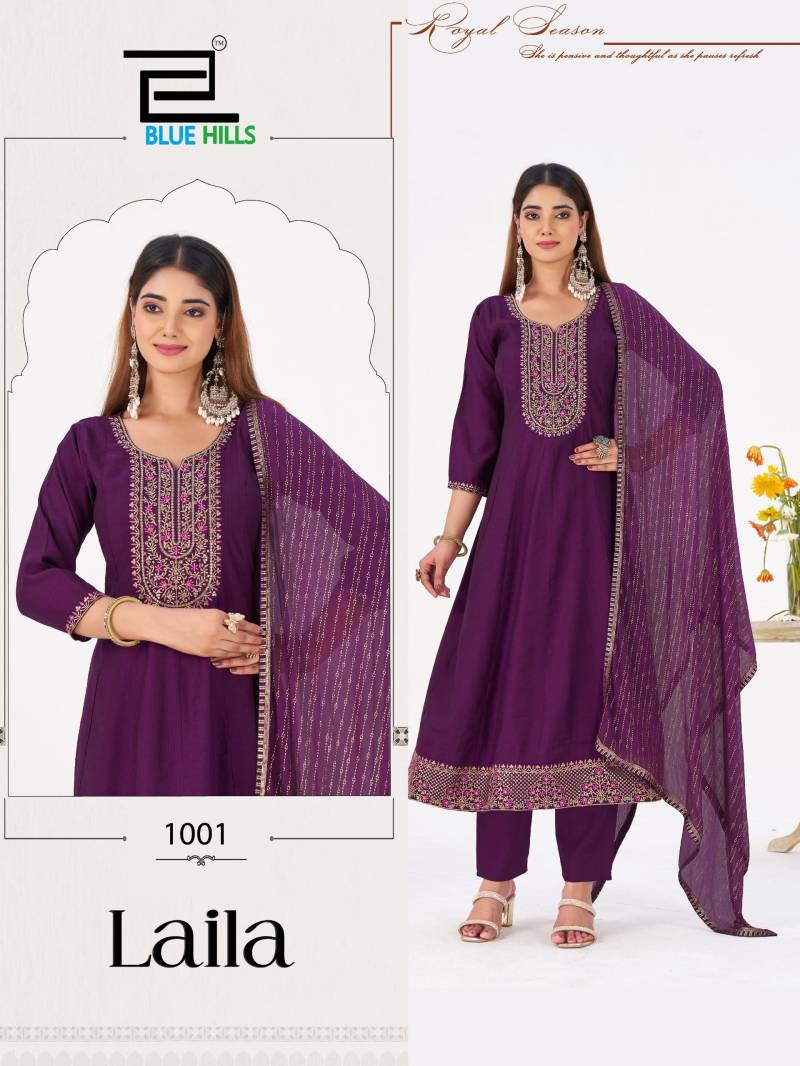 Blue Hills Laila Berlin Silk Work Kurti Pant And Dupatta Collection
