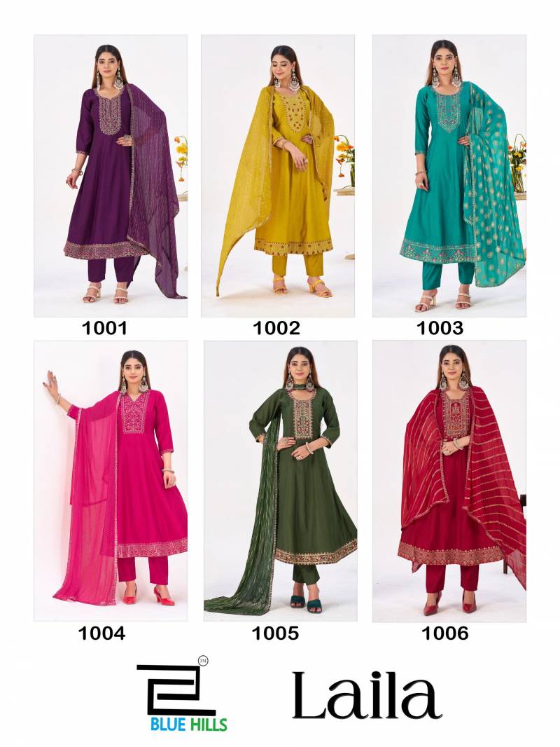 Blue Hills Laila Berlin Silk Work Kurti Pant And Dupatta Collection