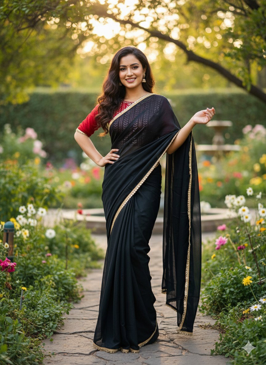 aawiya PC 11 Black Beauty Star Georgette Plain Saree With Lace Border