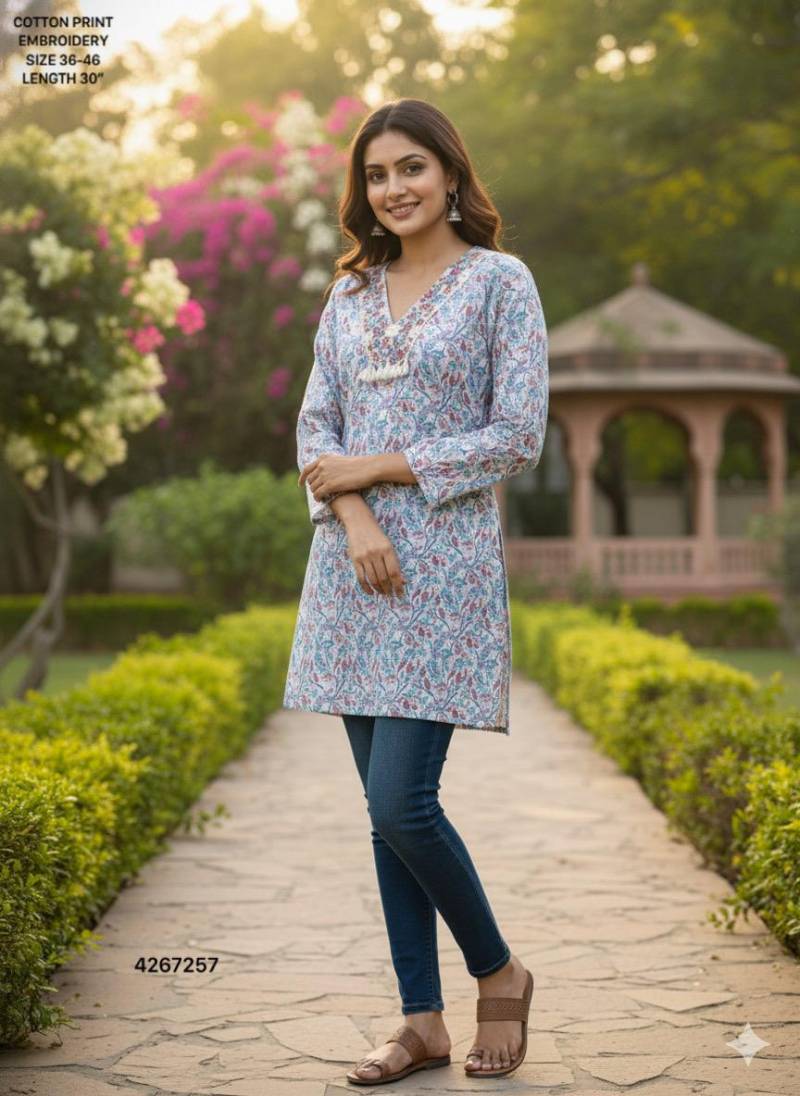 Naisha K 423 Cotton Print Embroidery Short Kurti Collection