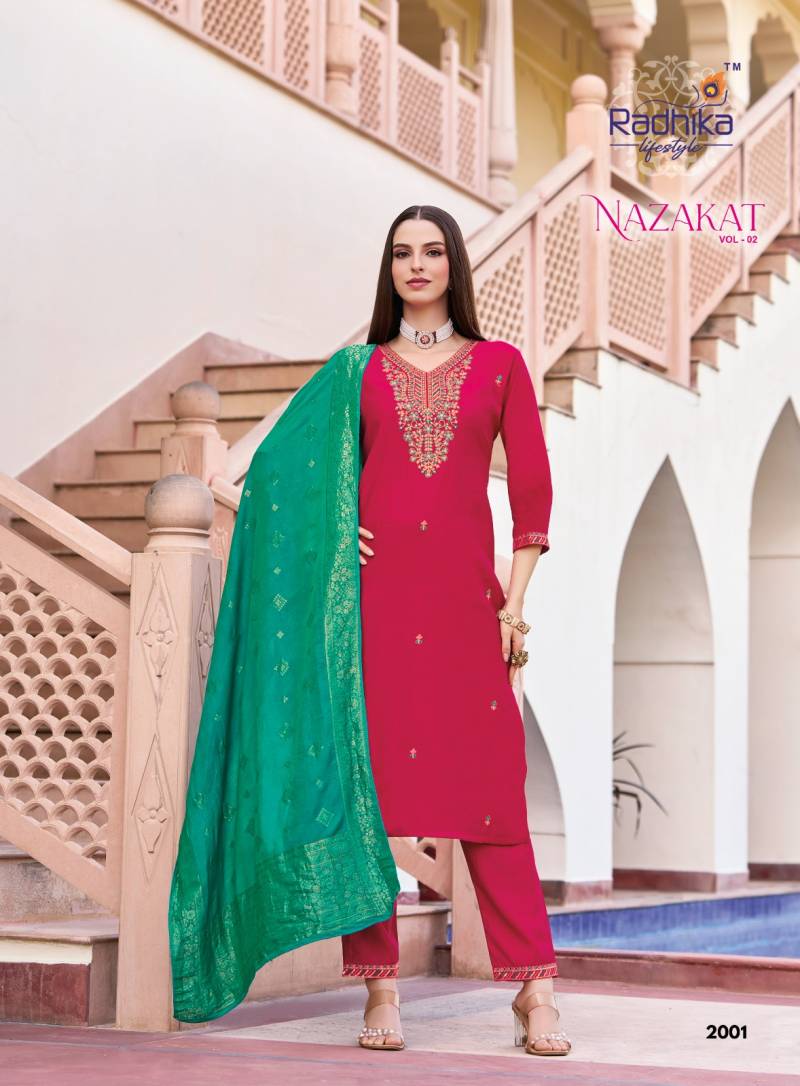 Radhika Nazakat Vol 2 Vertican Silk Embroidery Top Bottom And Dupatta