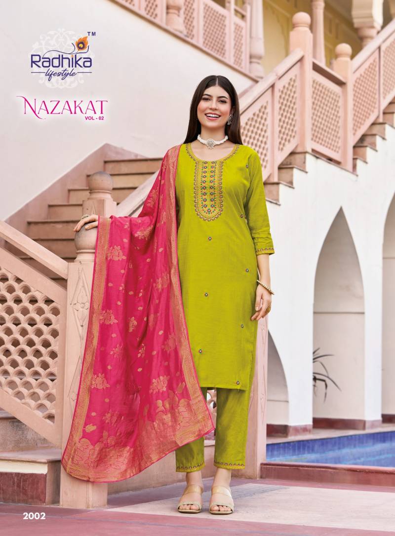 Radhika Nazakat Vol 2 Vertican Silk Embroidery Top Bottom And Dupatta