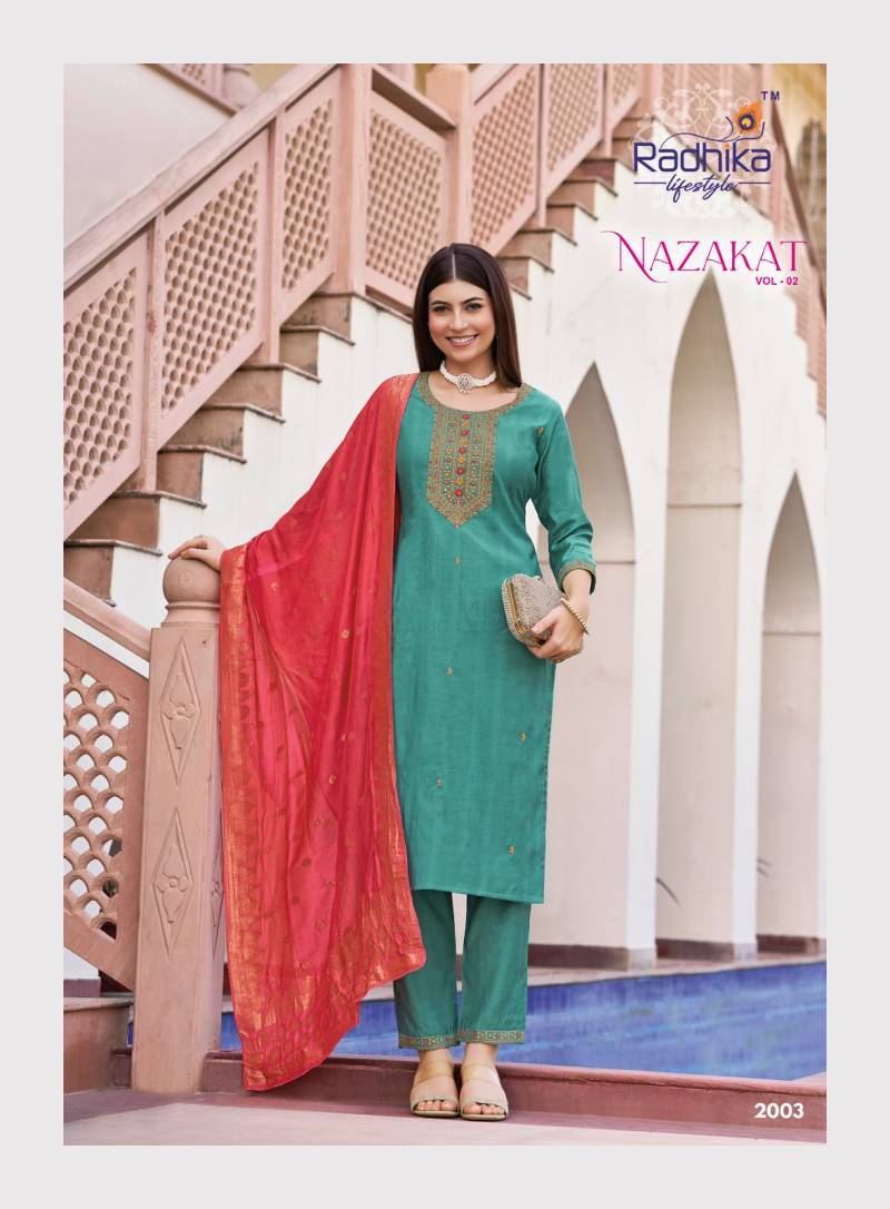 Radhika Nazakat Vol 2 Vertican Silk Embroidery Top Bottom And Dupatta