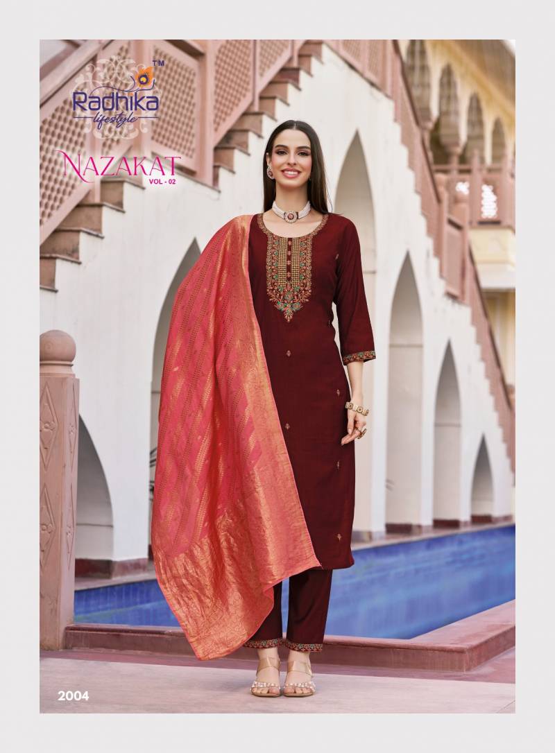 Radhika Nazakat Vol 2 Vertican Silk Embroidery Top Bottom And Dupatta