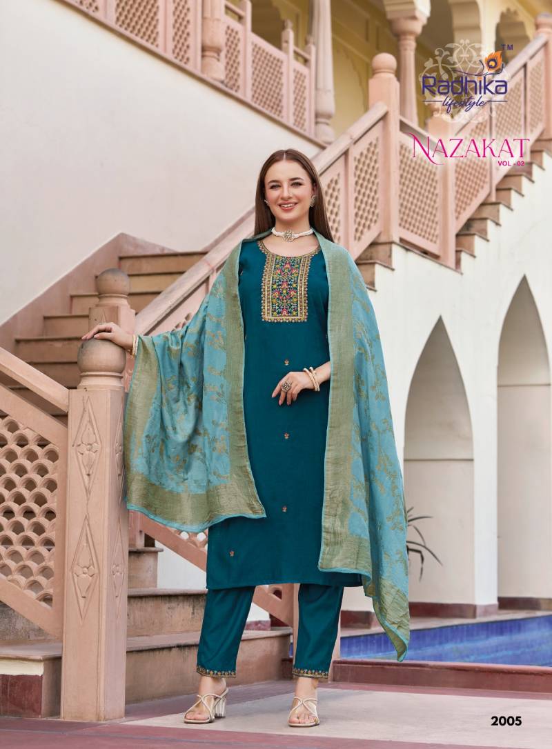 Radhika Nazakat Vol 2 Vertican Silk Embroidery Top Bottom And Dupatta