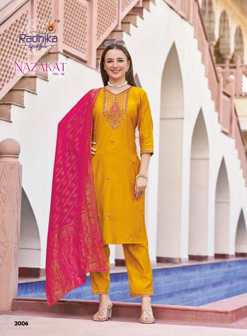 Radhika Nazakat Vol 2 Vertican Silk Embroidery Top Bottom And Dupatta