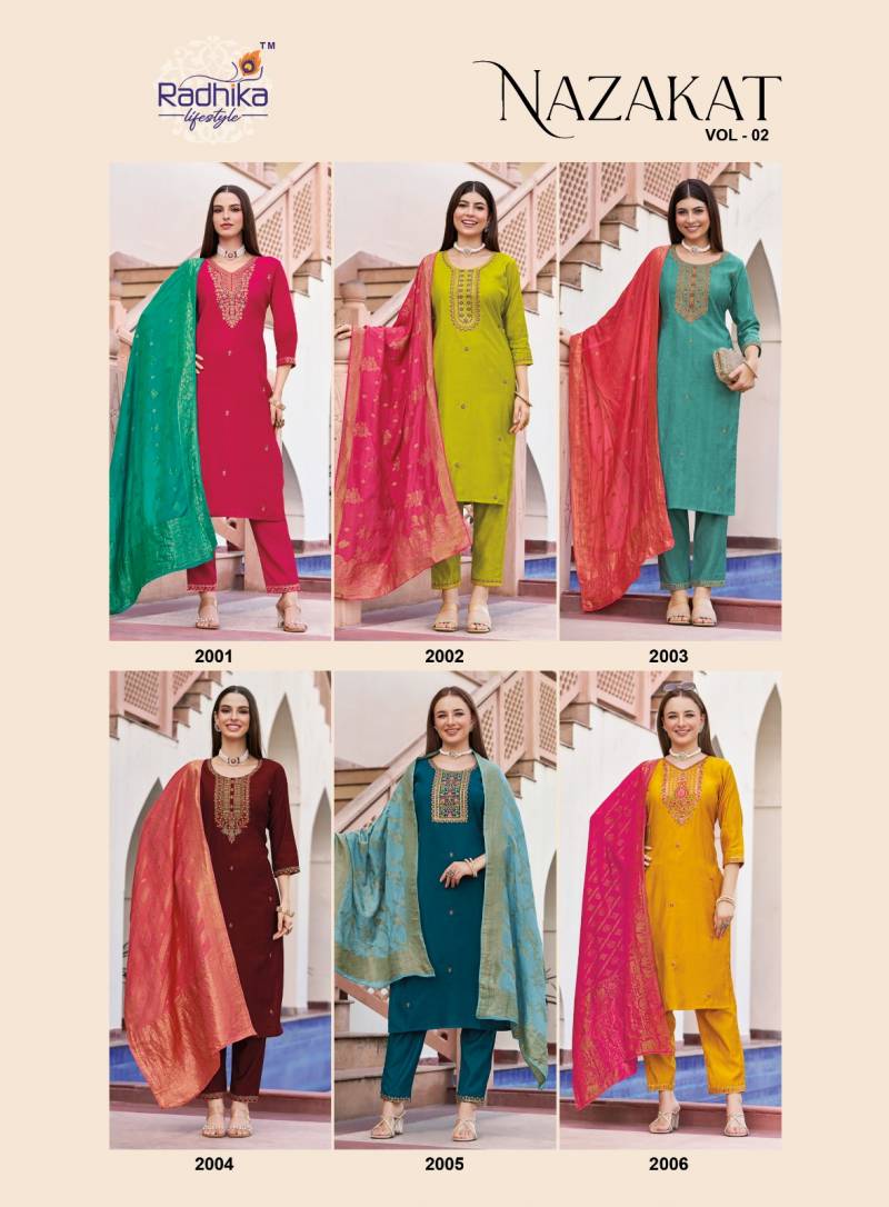 Radhika Nazakat Vol 2 Vertican Silk Embroidery Top Bottom And Dupatta