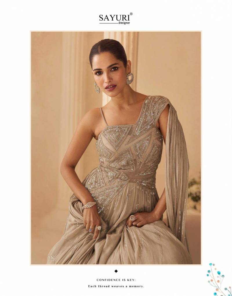 Sayuri Aarohi Chinon Silk Wedding Stylish Work Gown Collection