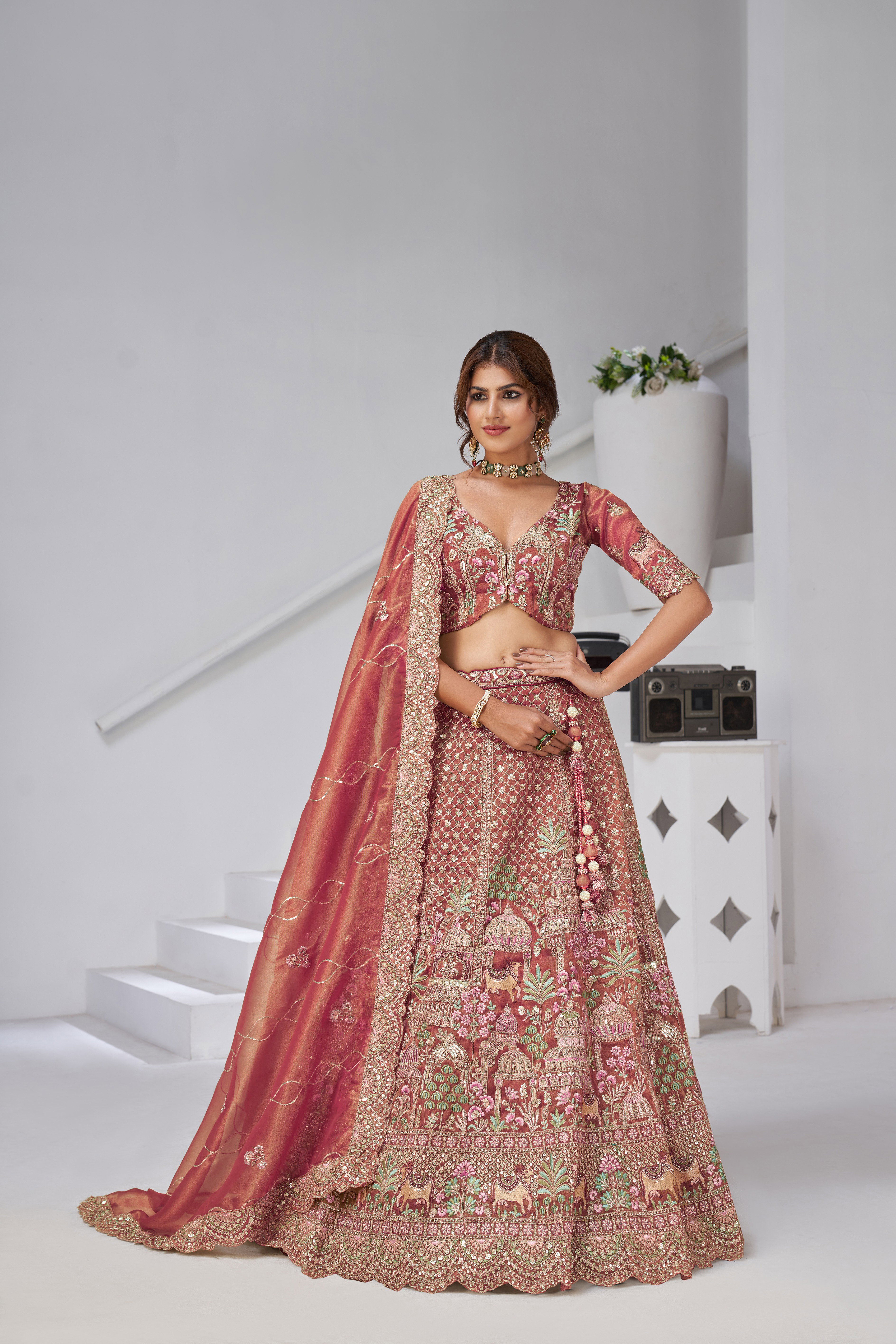 Kesar KF 2156 Dark Pink Organza Tissue Heavy Hand Work Bridal Lehenga