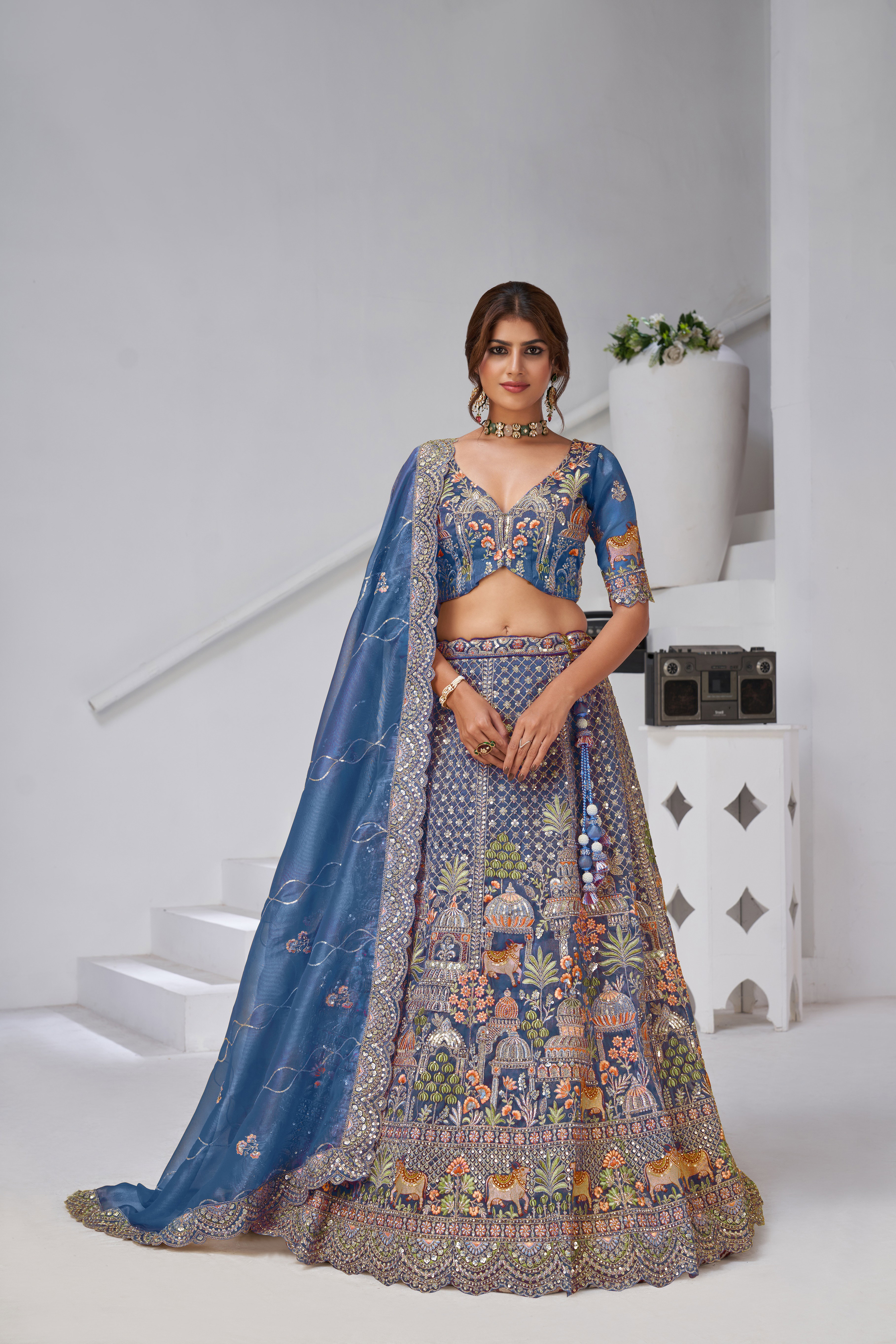 Kesar KF 2156 Teal Blue Organza Tissue Heavy Hand Work Bridal Lehenga