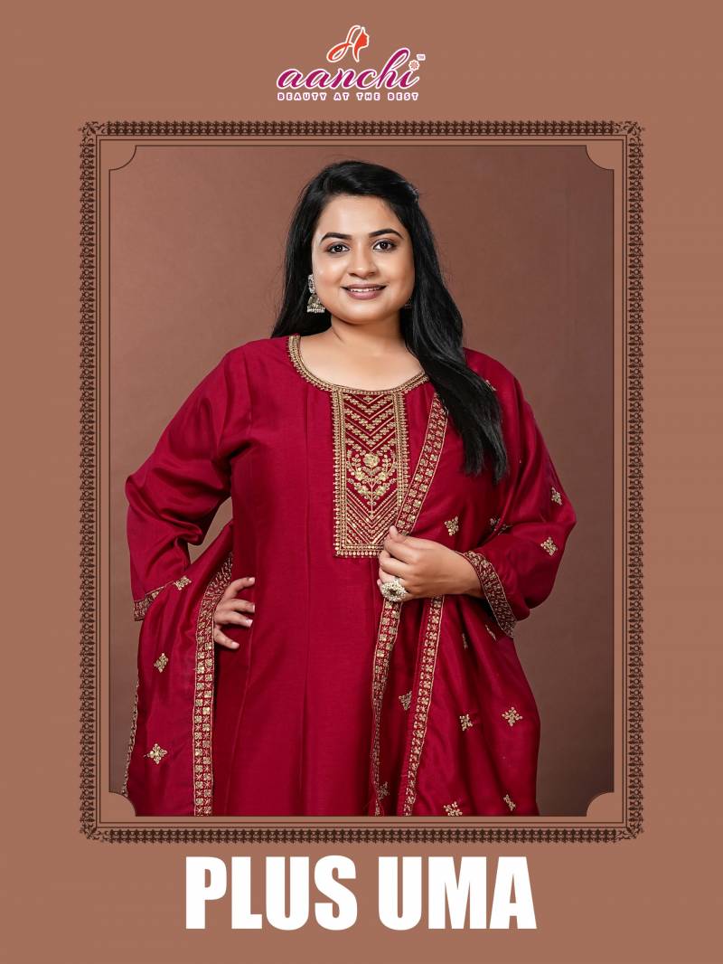 Aanchi Plus Uma Crystal Silk With Work Kurti Pant And Dupatta