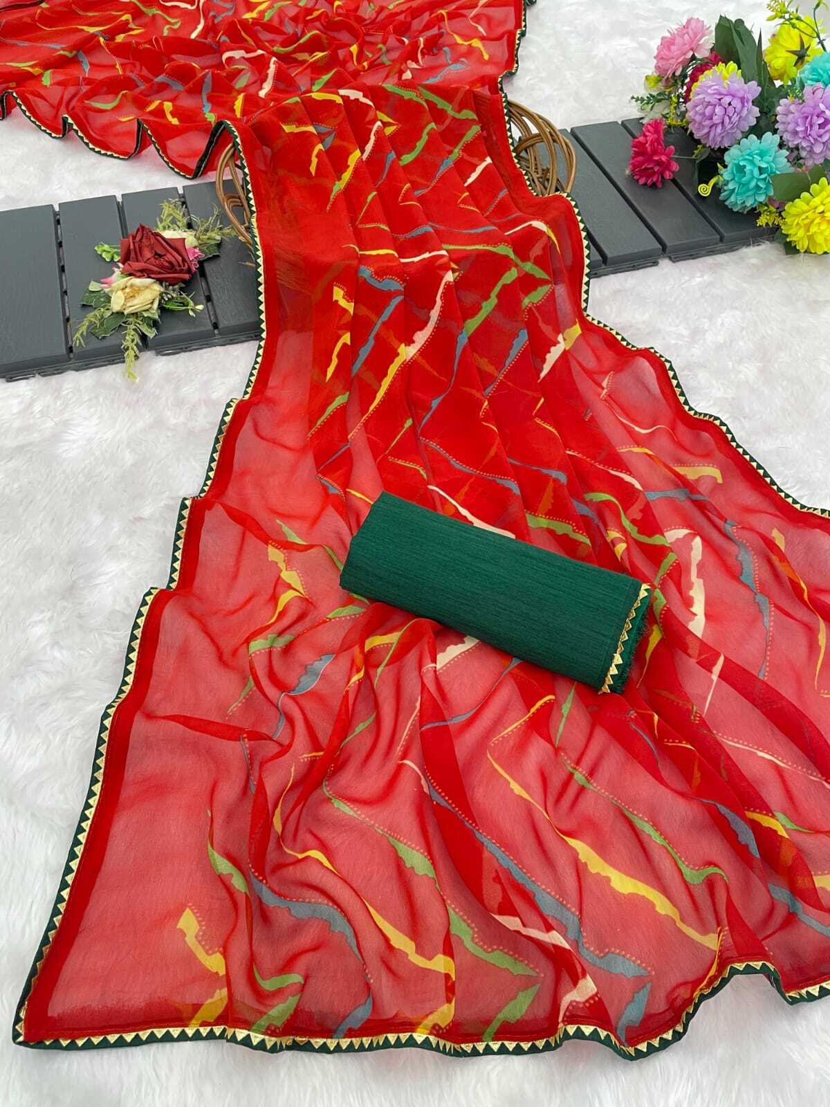 Mahek 201 Party Wear Printed Saree with Samosha Border and Un Stitched Blouse
