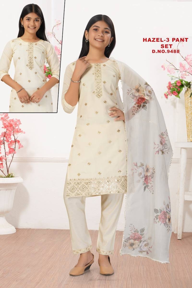 Hazel Vol 3 Pant Set Roman Shimmer Kids Kurti Pant And Dupatta