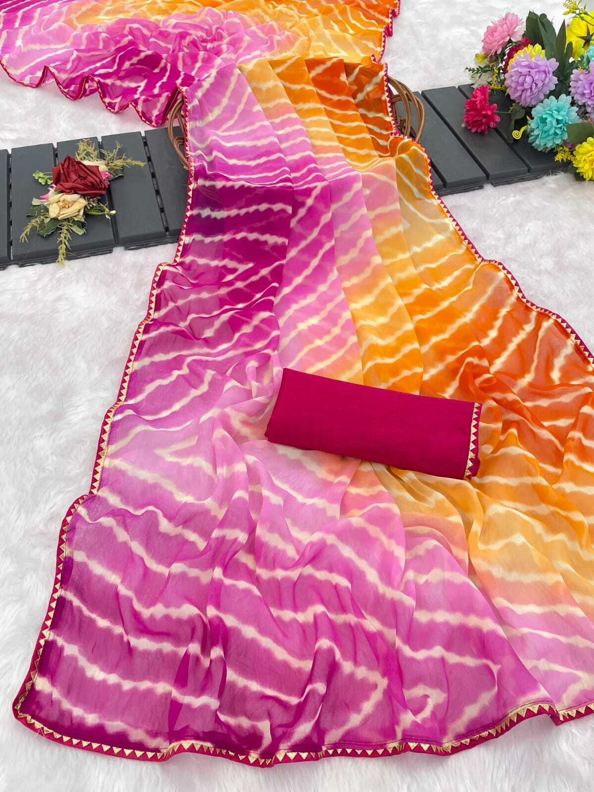 Mahek 203 Casual Wear Leheriya Printed Georgette Saree with Un Stitched Blouse