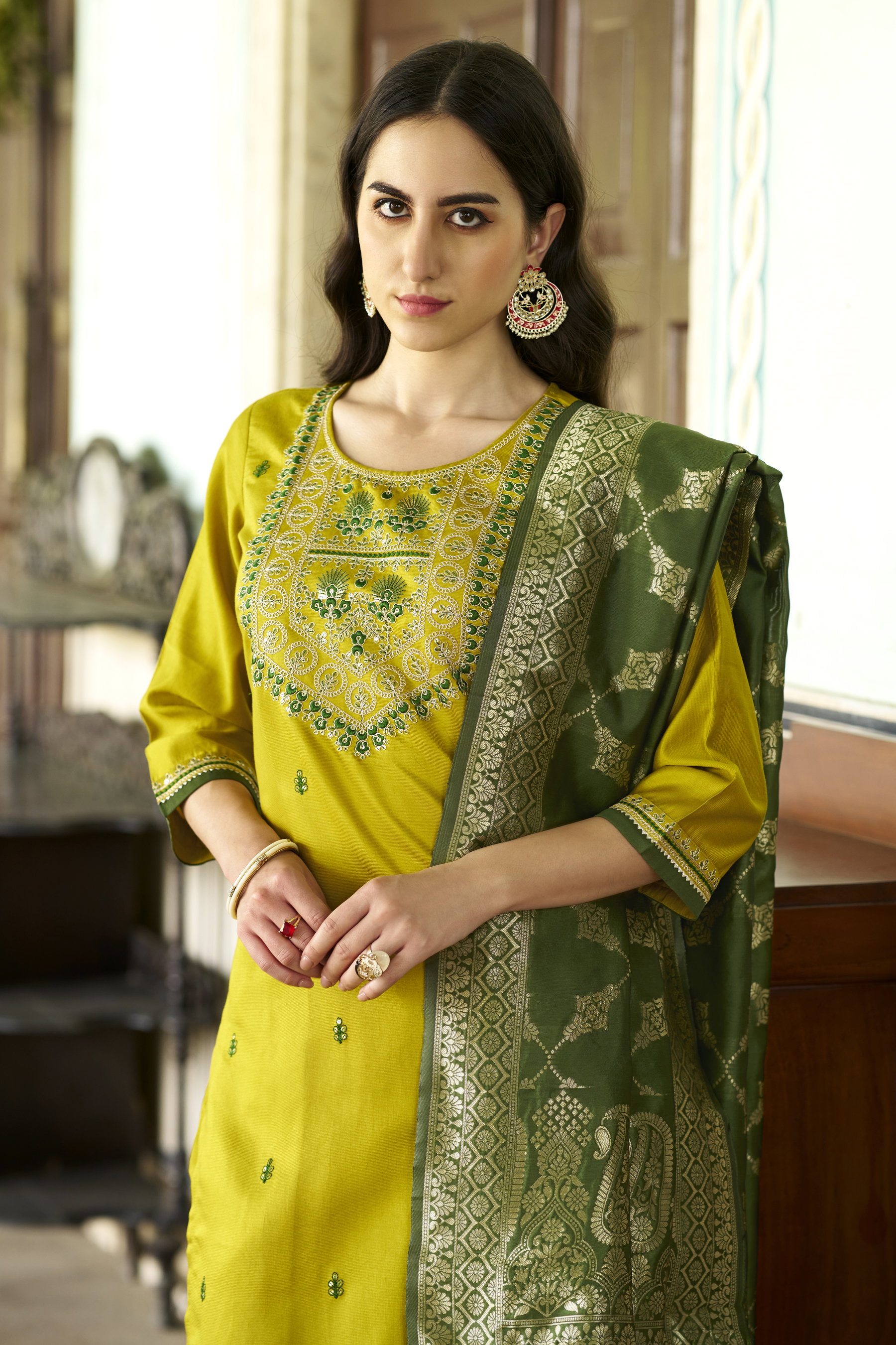 VP 9553 Lemon Silk Blend Kurta With Dupatta Set 