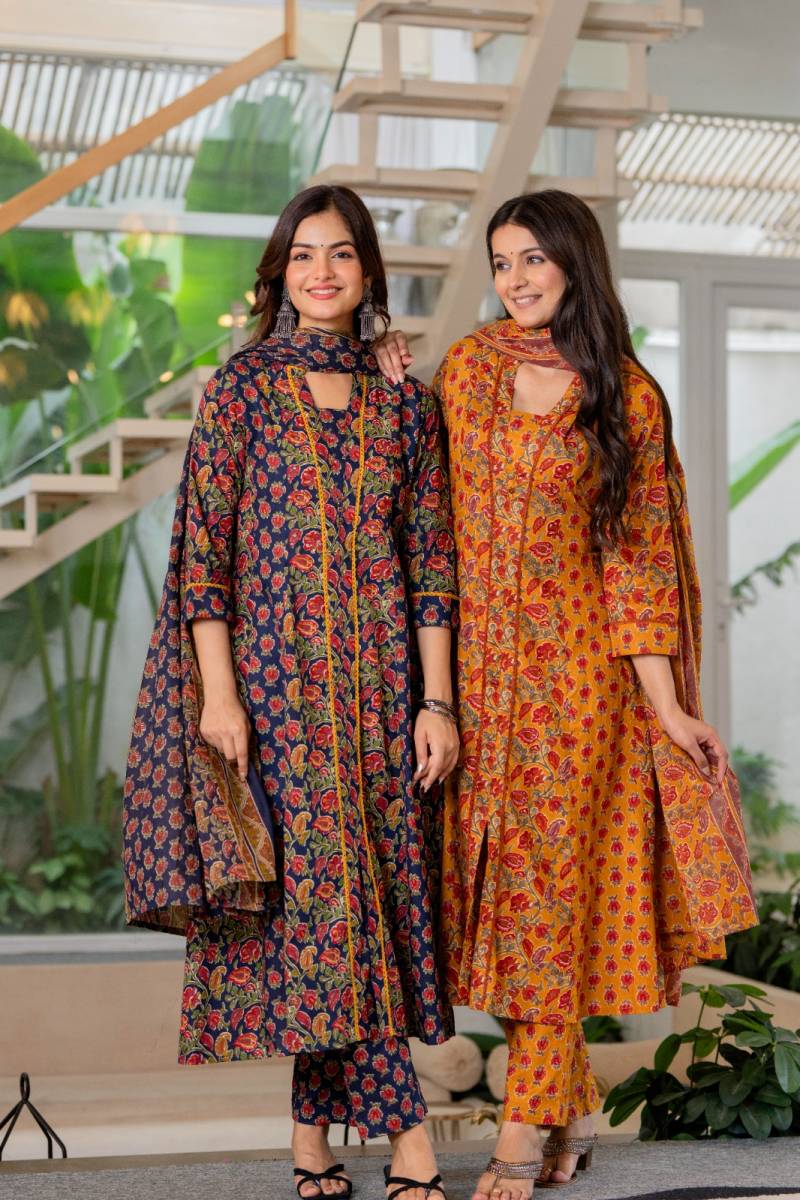 Naisha K 439 Cotton Kalidar A line Kurti Pant And Dupatta Collection