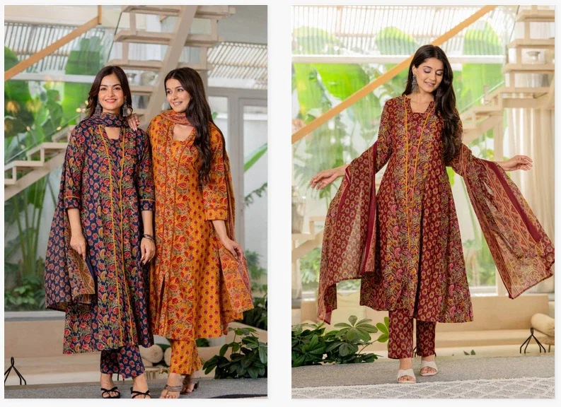 Naisha K 439 Cotton Kalidar A line Kurti Pant And Dupatta Collection