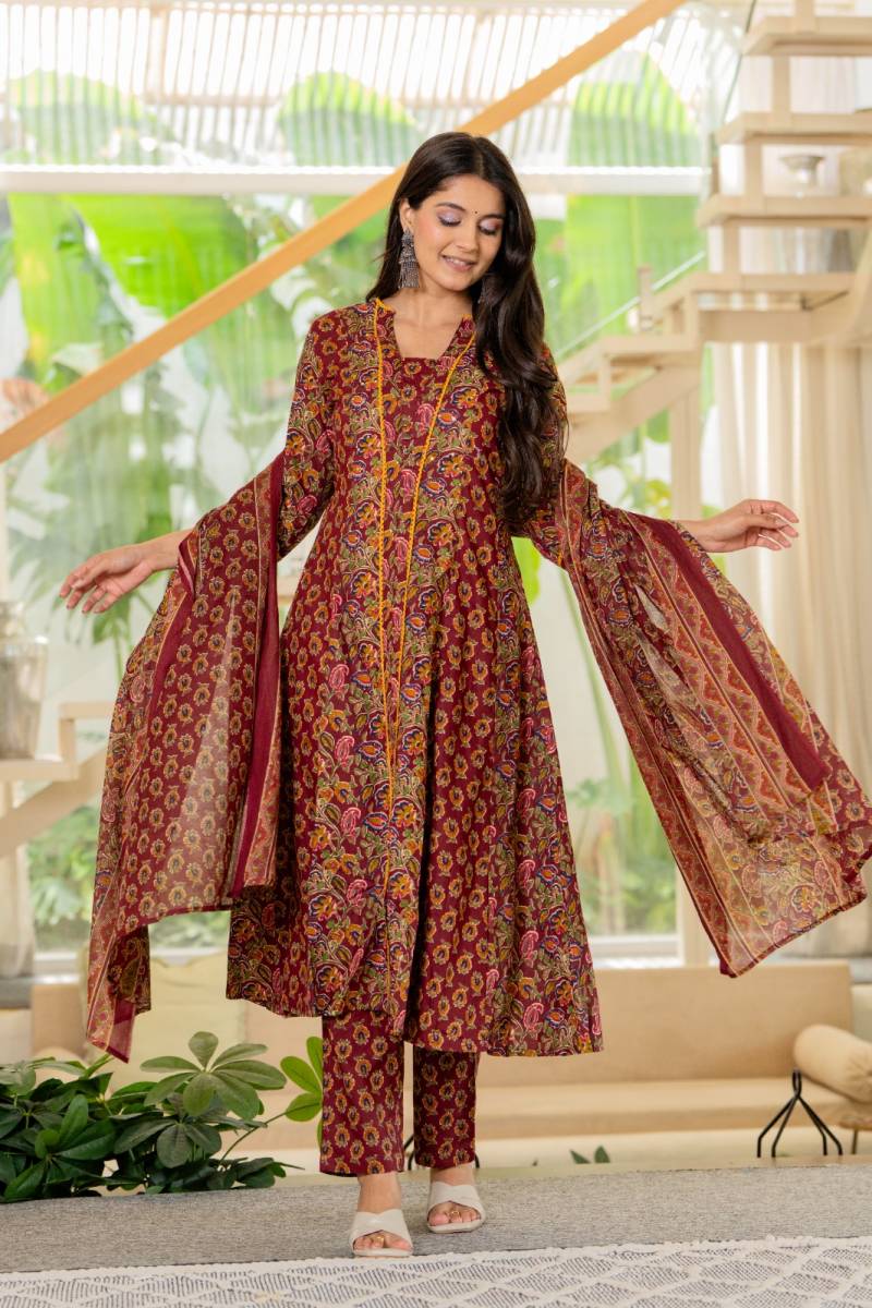 Naisha K 439 Cotton Kalidar A line Kurti Pant And Dupatta Collection