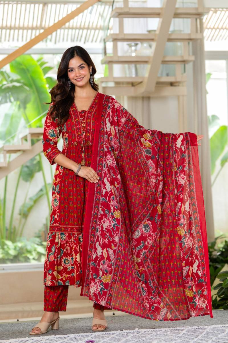Naisha K 438 Cotton Anarkali Dori Design Anarkali Pant And Dupatta