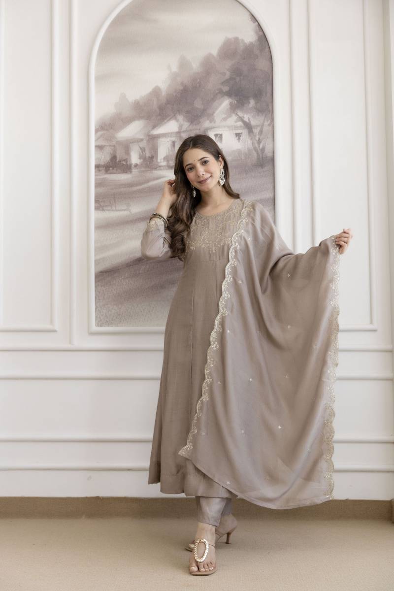 Arajanvi 01 Vichitra Silk Embroidery Anarkali Pant And Dupatta Collection