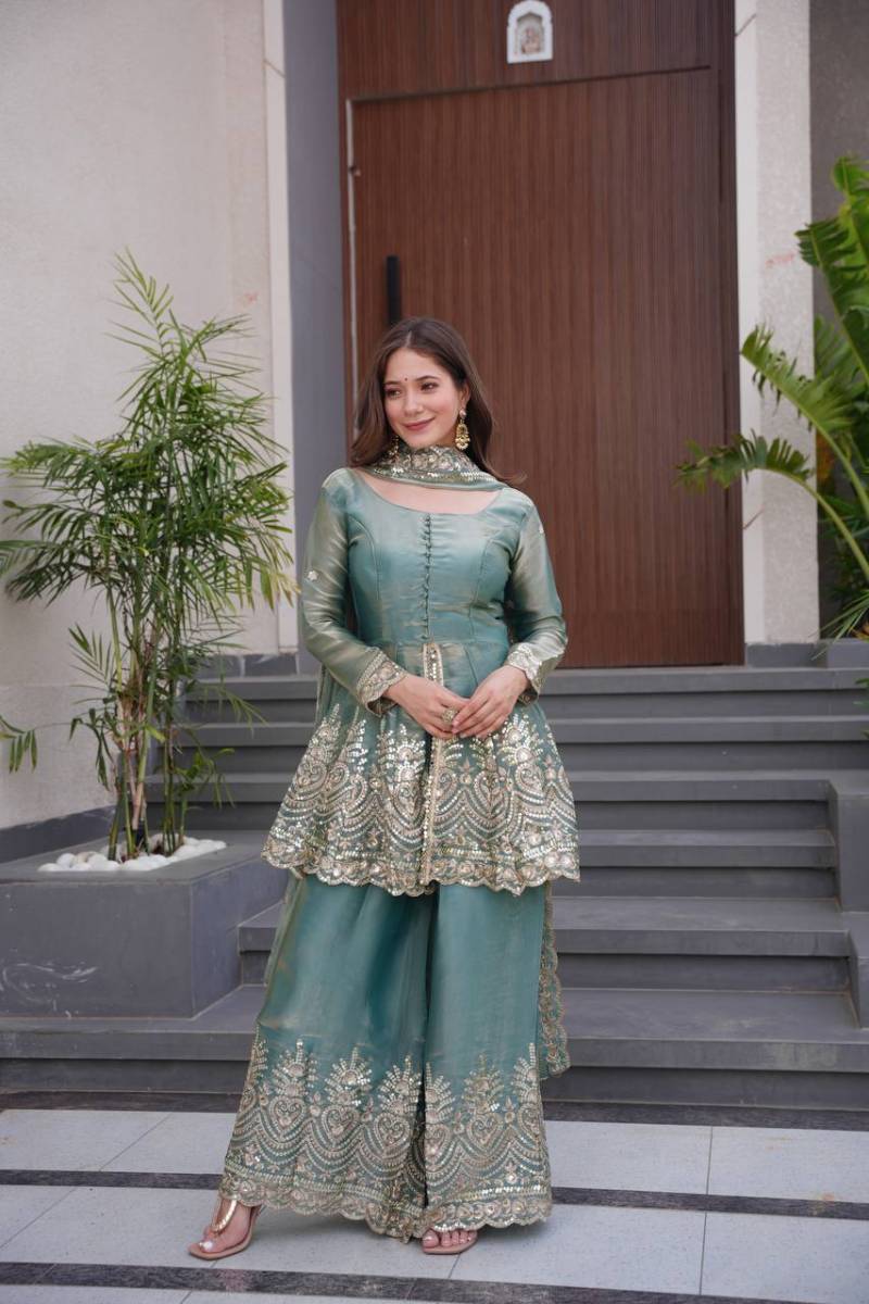 5001 Beautiful Fendy Satin Silk Embroidery Worked Suit