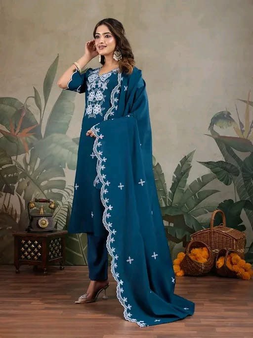 9 Star Syera Hit Roman SIlk Embroidered Designer Kurti With Bottam Dupatta