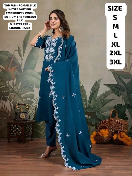 9 Star Syera Hit Roman SIlk Embroidered Designer Kurti With Bottam Dupatta