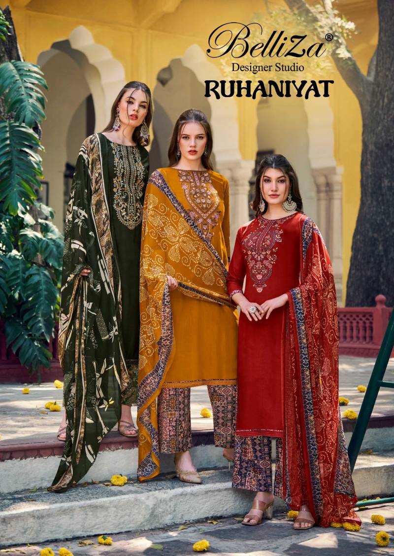 Belliza Ruhaniyat Viscose Rayon Slub Embroidery Dress Material