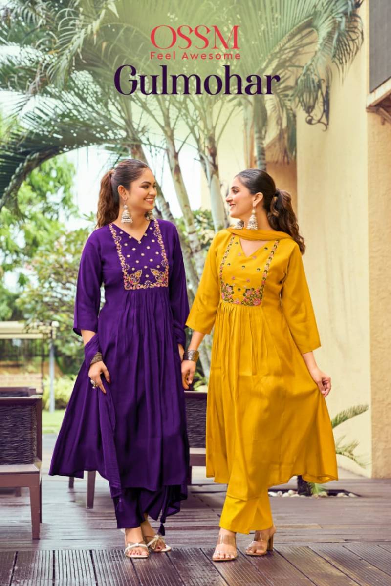 Ossm Gulmohar Mal Chanderi Embroidery Kurti Pant And Dupatta