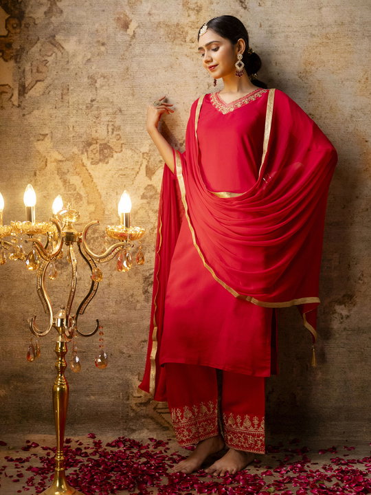 VP 9676 Pink Embroidered Silk Blend Calf Length Straight Kurta with Palazzo & Dupatta Set