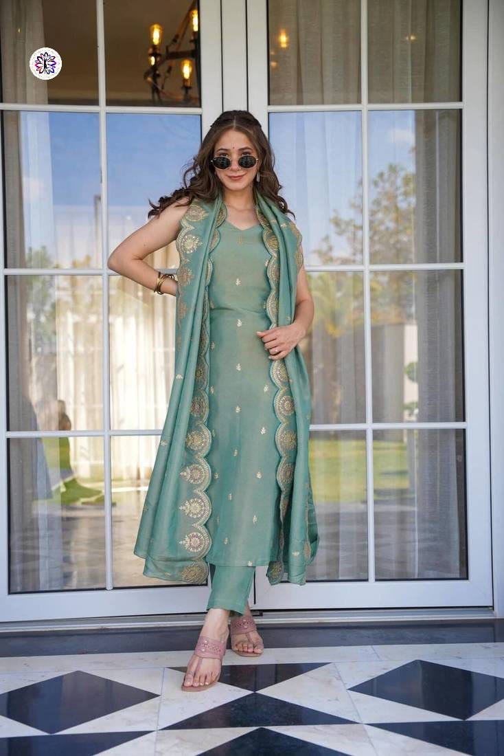 Lekha KL 640 Viscose Zari Chanderi Embroidery Kurti Bottom With Dupatta